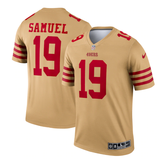 Men's San Francisco 49ers #19 Deebo Samuel 2022 New Gold Inverted Legend Stitched Football Jersey Men's San Francisco 49ers #19 Deebo Samuel 2022 New Gold Inverted Legend Stitched Football Jersey